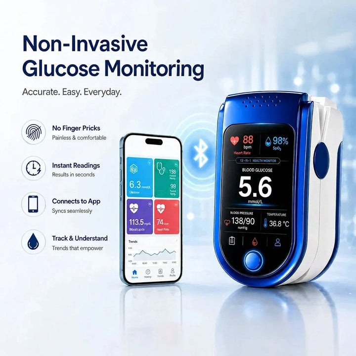 Monitor beside a smartphone showing a health app with glucose, heart rate and trend graph panels, linked by a Bluetooth symbol. 9