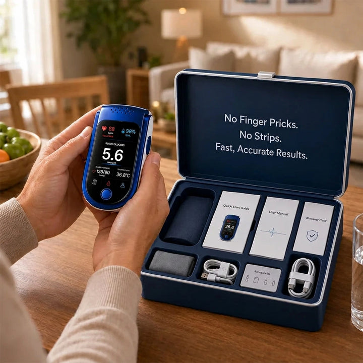Hands hold the blue and white fingertip monitor beside an open navy case containing guides, a warranty card, cables, cuff and accessories. 2
