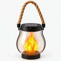 Clear glass lantern with a rope handle and flickering flame effect, on white 1