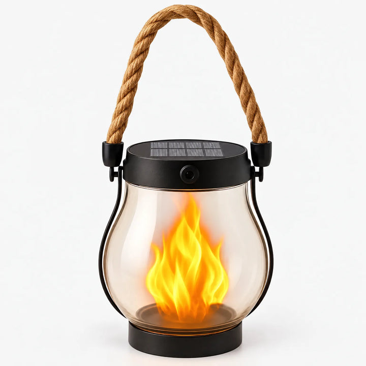 Clear glass lantern with a rope handle and flickering flame effect, on white 1