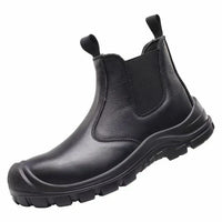 Single black leather pull-on ankle boot seen from the side, with elastic panel, pull tabs and chunky tread 2