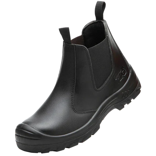 Single black leather ankle boot at a three-quarter angle, showing elastic side panel, pull loops and reinforced toe cap 3