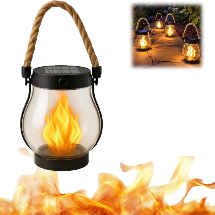 Single lantern on white with a flame graphic and an inset of four lanterns lining a garden path 3