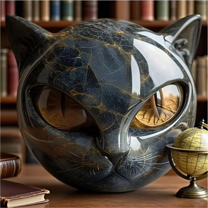 Figurine displayed on a wooden desk in front of bookshelves, beside a small antique globe 3