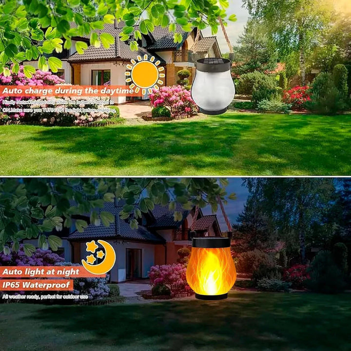 Split image of the lantern charging in sunny daylight and glowing with flames at night 4