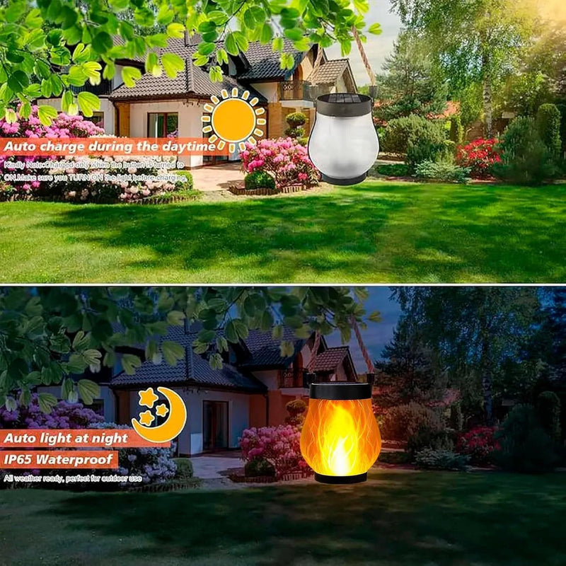 Split image of the lantern charging in sunny daylight and glowing with flames at night 4