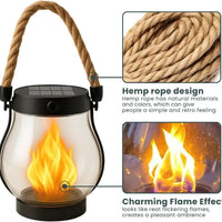 Lantern beside close-ups of its twisted hemp rope handle and its flickering flame effect 5
