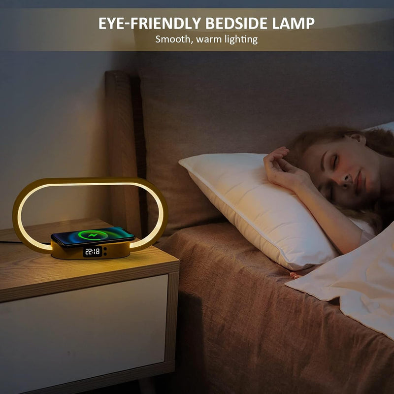 Wireless Charging Bedside Table Lamp with Clock – Lumora