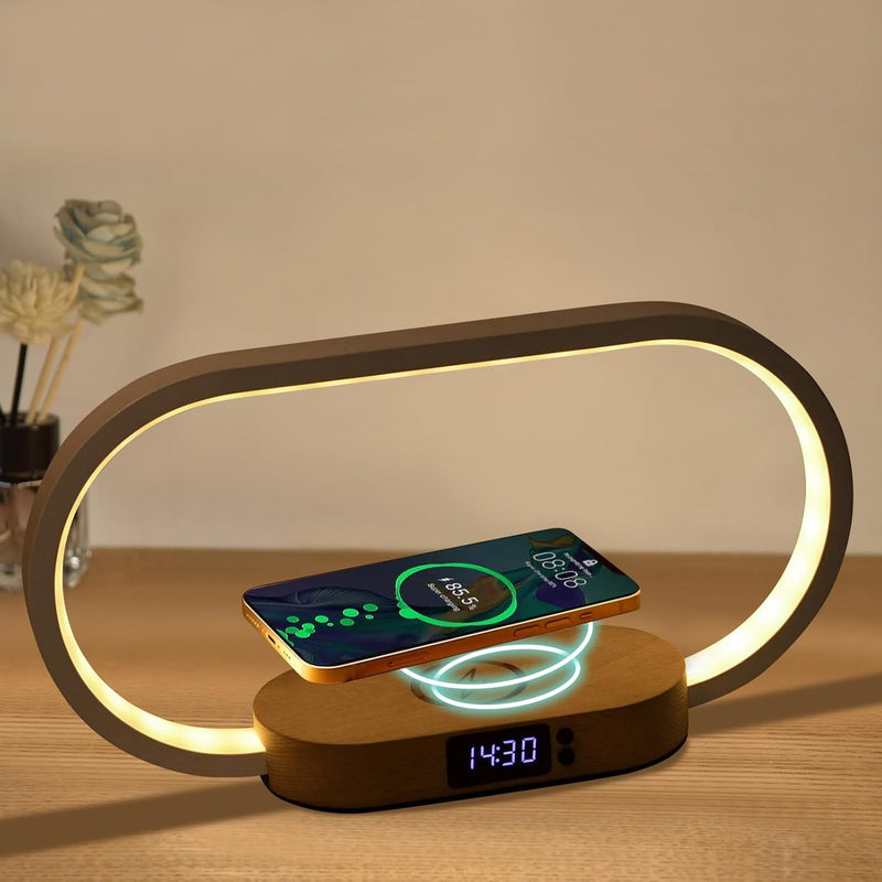 Wireless Charging Bedside Table Lamp with Clock – Lumora