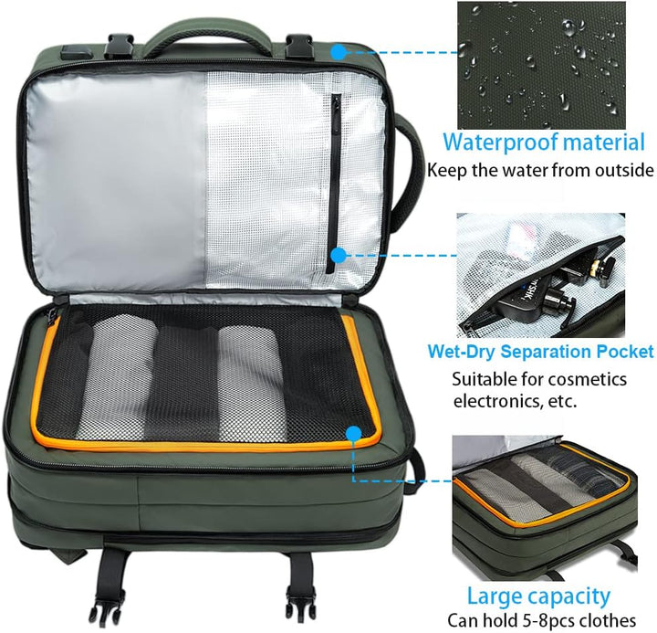 Expandable 26–45L Waterproof Travel Backpack with Laptop Sleeve & Duffle Carry
