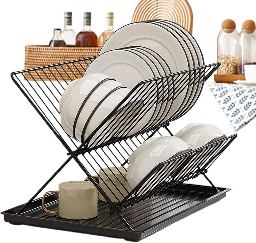 Folding Dish Drying Rack – 2-Tier Countertop Drainer with Detachable Tray – Kelvra