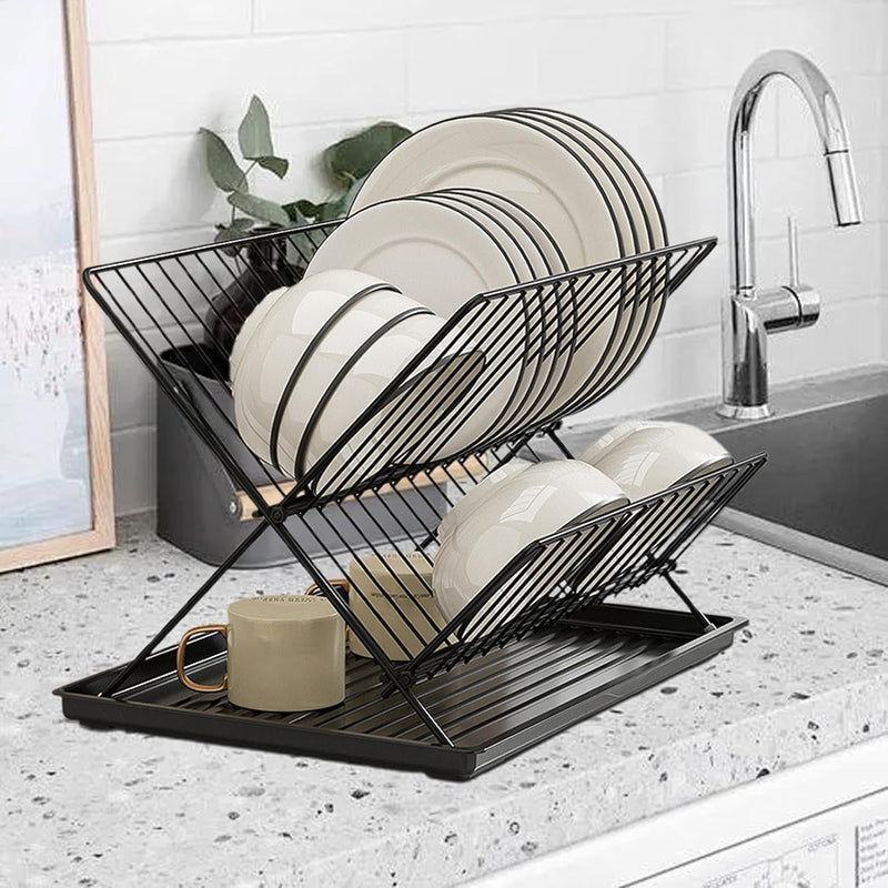 Folding Dish Drying Rack – 2-Tier Countertop Drainer with Detachable Tray – Kelvra