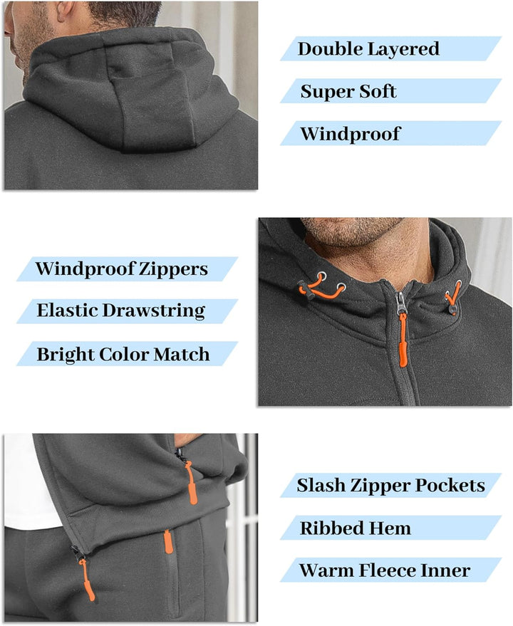 Dark grey hoodie close-ups: double-layered hood, orange drawcord toggles, zip front and zipped pockets, with feature labels 10