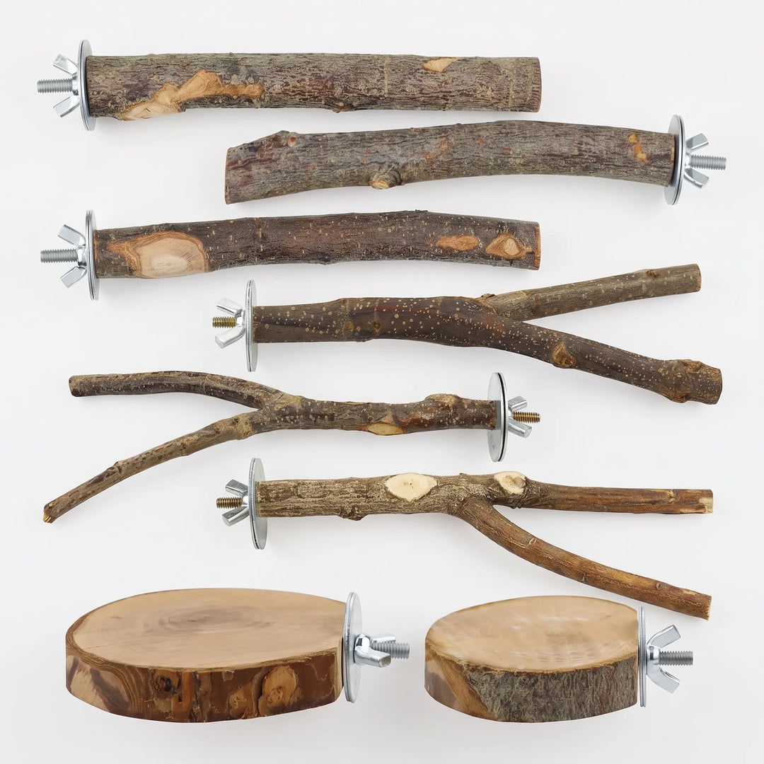 Flat lay of eight natural wooden bird perches: straight and forked branches plus two round wood slabs, each with a metal washer and wing nut. 1