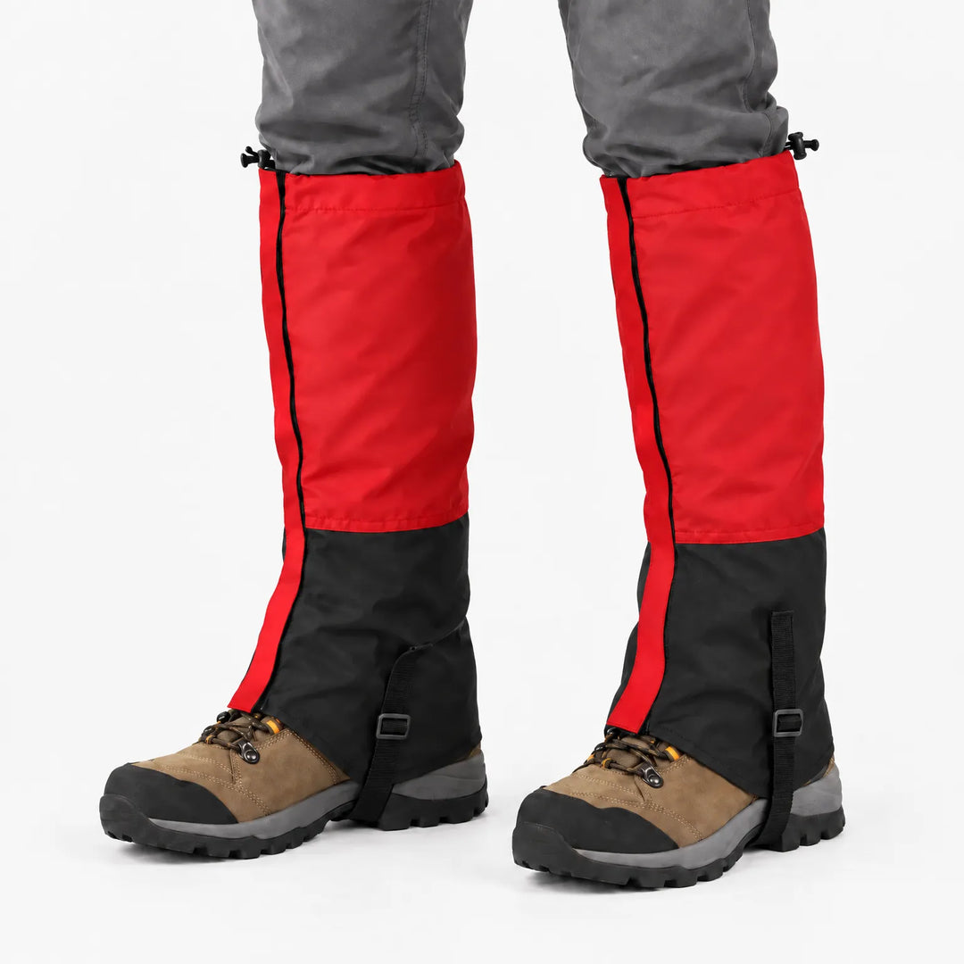 Red and black gaiters worn over hiking boots on a white background, with drawcord tops and buckled instep straps 11