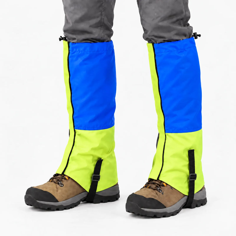 Blue upper and lime green lower gaiters worn over hiking boots on a white background, with black instep straps 9