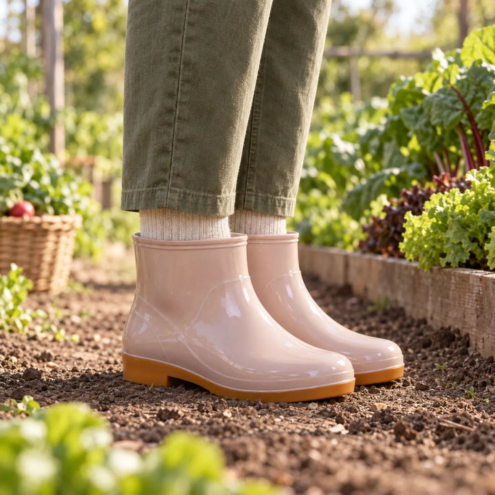 Pink glossy ankle boots with tan soles and cream socks, worn with green trousers beside raised vegetable beds. 3