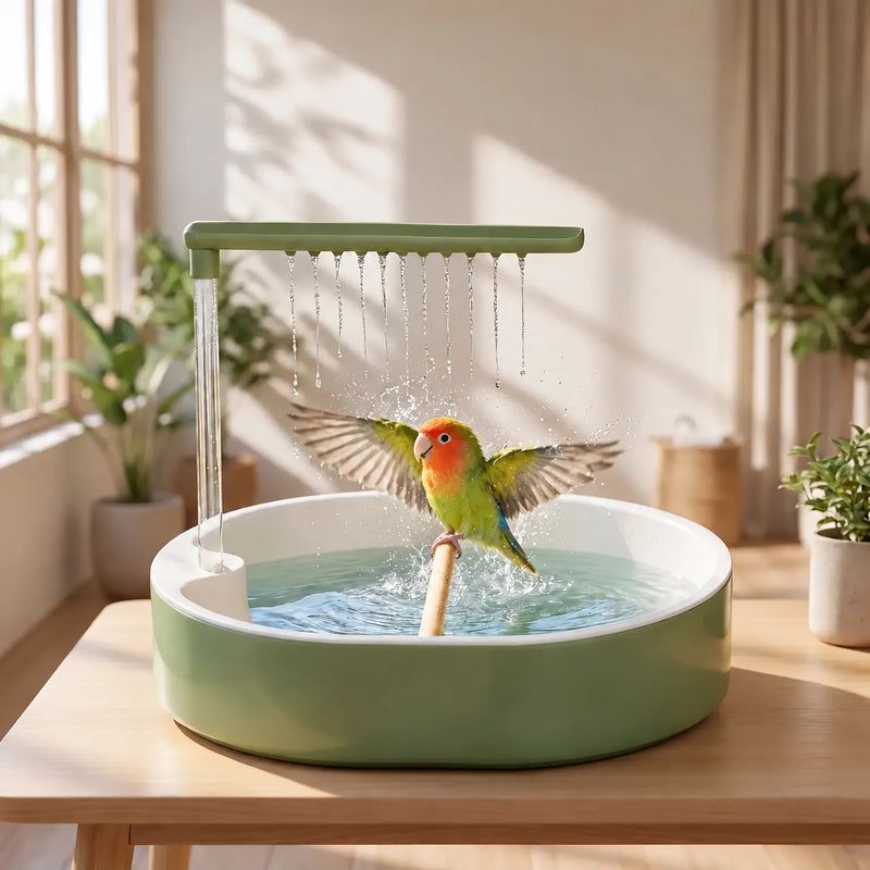 Orange-faced lovebird with spread wings splashing on the wooden perch under the falling water, on a sunlit table indoors. 2