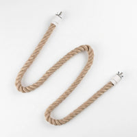 Flat lay of a twisted natural-fibre rope perch curved in an S-shape, with a white cap and wing nut at each end. 1