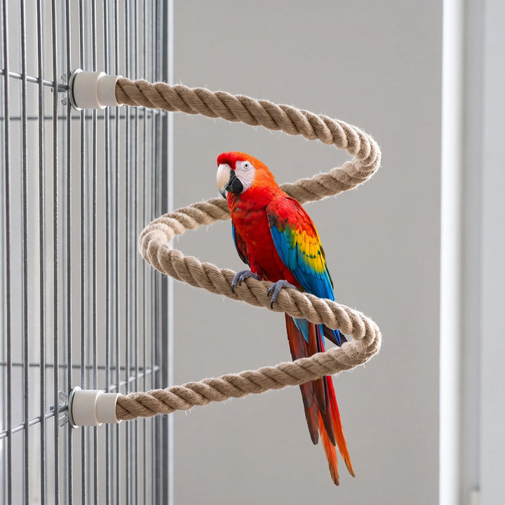 Red, blue and yellow macaw perched on the spiralling rope, which is fixed to the side of a wire cage. 2