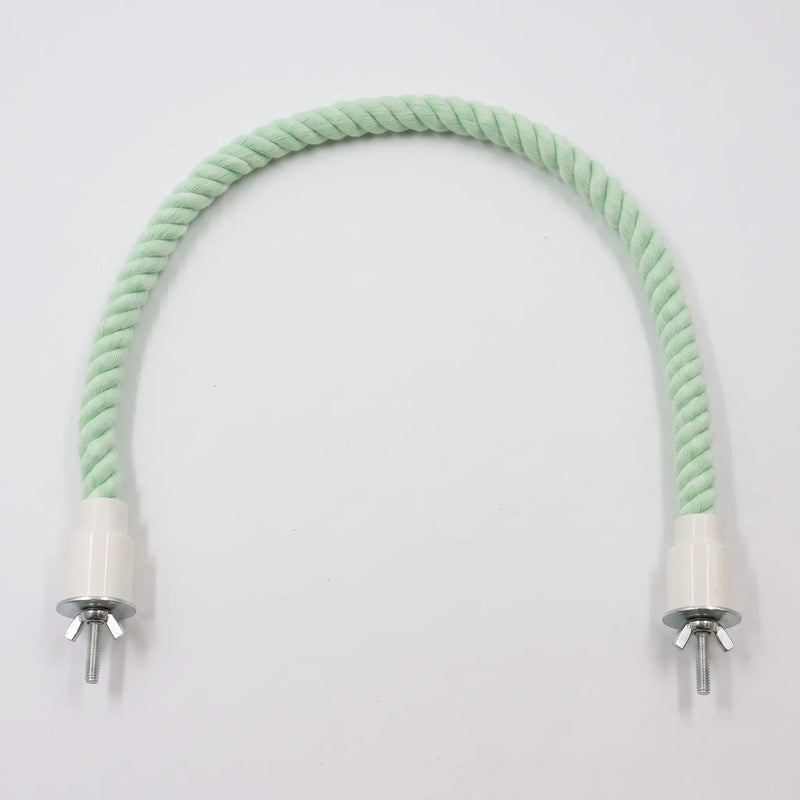 Single mint green rope perch curved into an arch on a plain background, with white end caps and metal wing-nut bolts. 4
