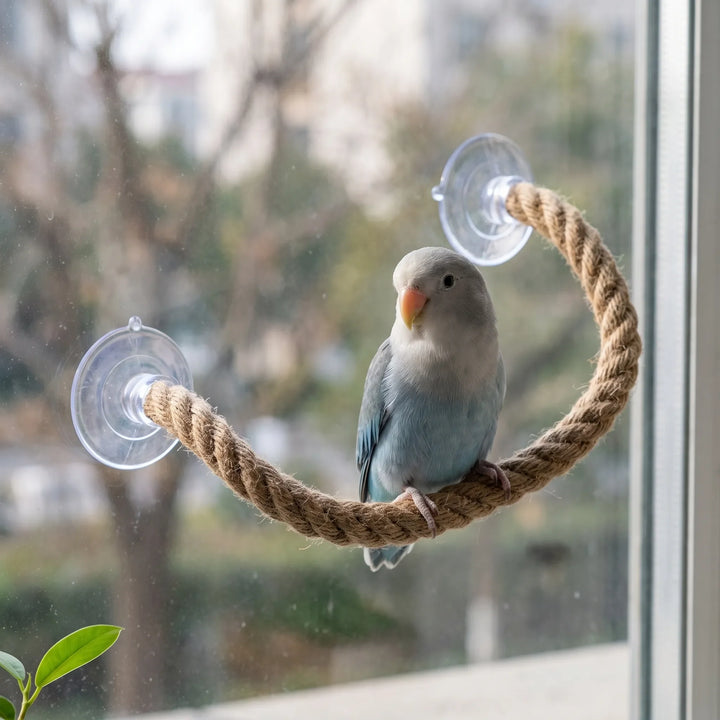 Small blue and grey parrot standing on a curved rope perch fixed to a window pane with two clear suction cups. 3