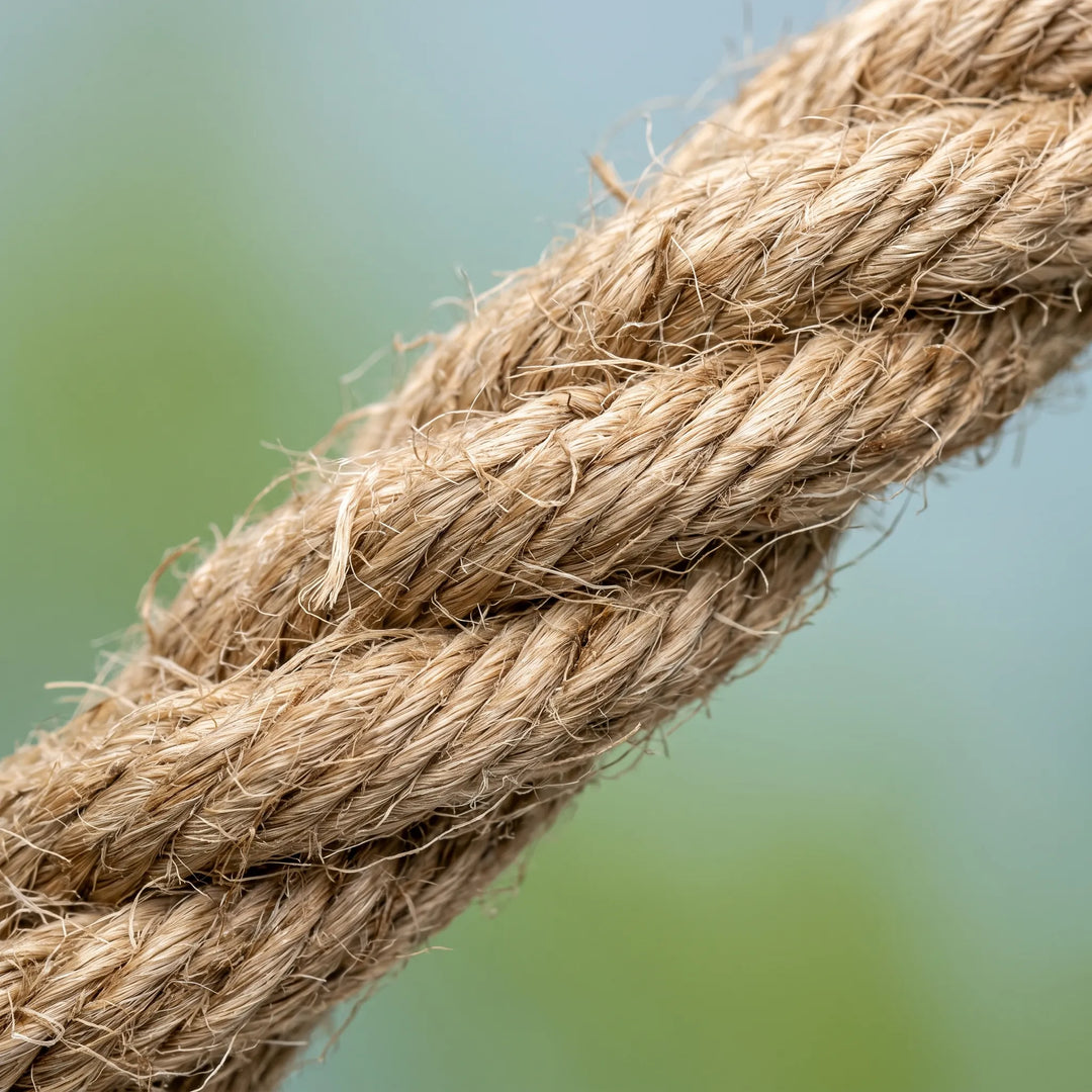 Close-up of the thick twisted natural fibre rope, showing its rough, fibrous texture against a soft green and blue background. 4