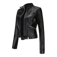 Black cropped jacket seen from an angled side view, with unzipped front and snap-fastened hem strap 5