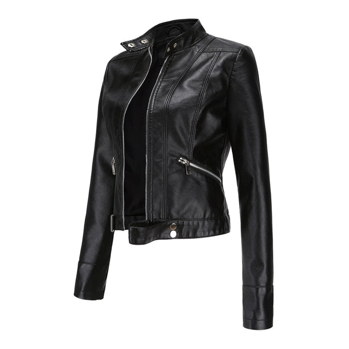 Side-angle view of the black cropped jacket on white, showing open zip, snap collar and sleeve cuffs 5