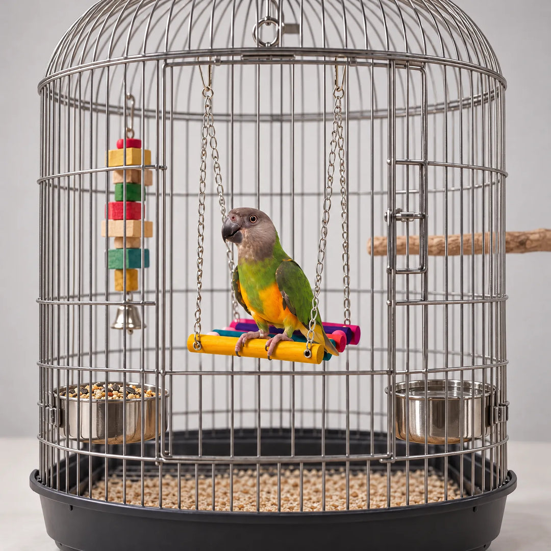 Grey-headed parrot perched on the colourful wooden swing inside a large domed steel cage with food bowls and a hanging block toy. 1