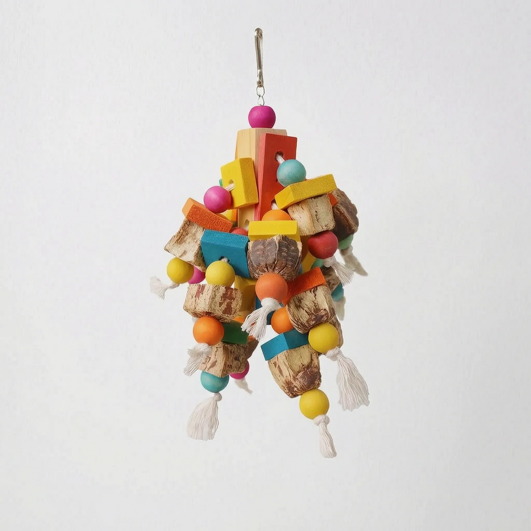 A different arrangement of the toy with flat coloured wooden slats, round wooden beads, natural nut-shell pieces and rope tassels on a plain background. 5