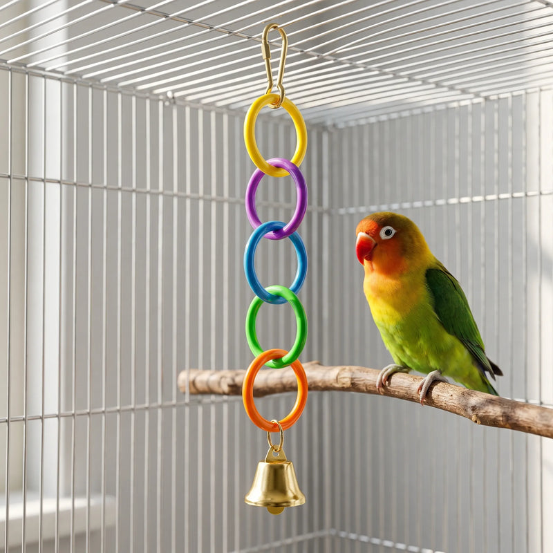 Toy hung from a cage roof with a green and orange lovebird perched on a branch beside the rings. 2