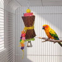 Fibre bundle toy with star beads and bell hanging from a cage roof, with a sun conure perched on a branch. 4