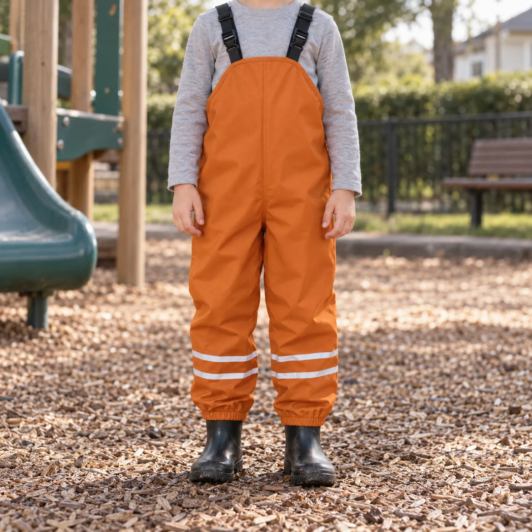 Child in burnt orange waterproof dungarees and black wellies standing on wood chips at a playground, seen from the front. 3