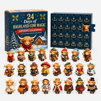 Navy advent calendar box and open numbered drawer panel with all 24 costumed Highland cow figurines lined up in rows on white. 2