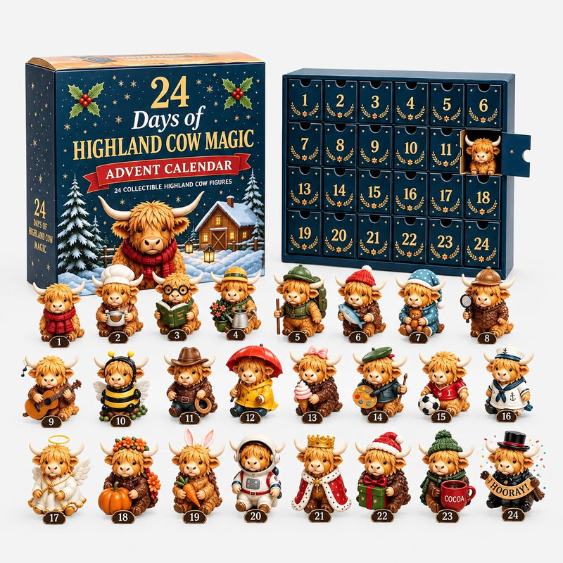 Navy advent calendar box and open numbered drawer panel with all 24 costumed Highland cow figurines lined up in rows on white. 2
