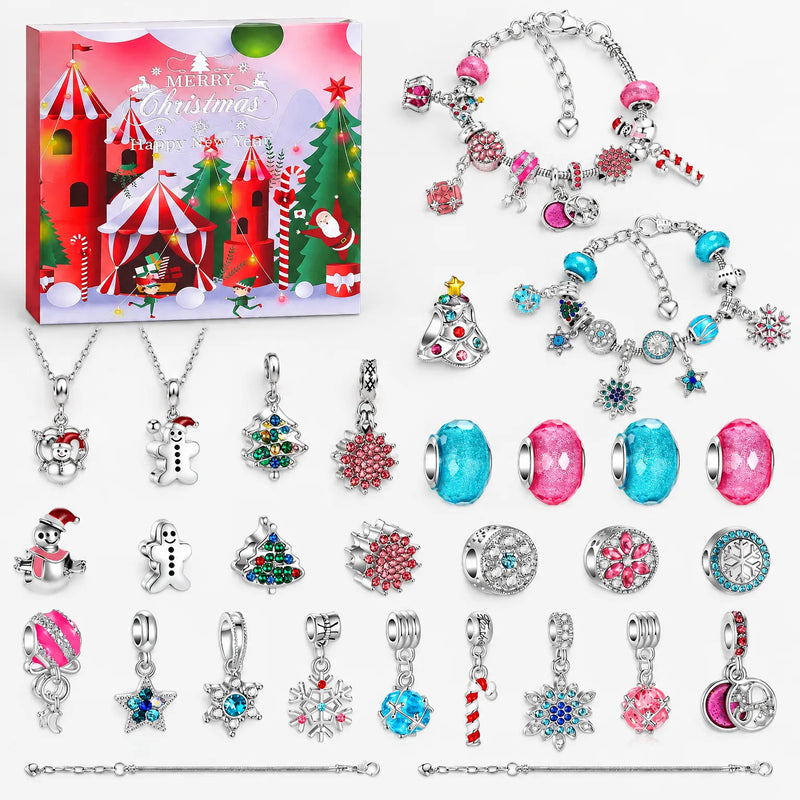 Pink and turquoise set flat lay: castle-themed box, two assembled bracelets, two necklaces, and loose snowman, tree, snowflake charms and glittery beads. 12