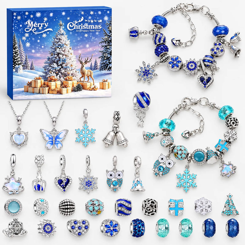 Blue-themed set laid out flat: boxed calendar, two assembled blue bracelets, two necklaces, and rows of loose blue and silver charms and beads. 2