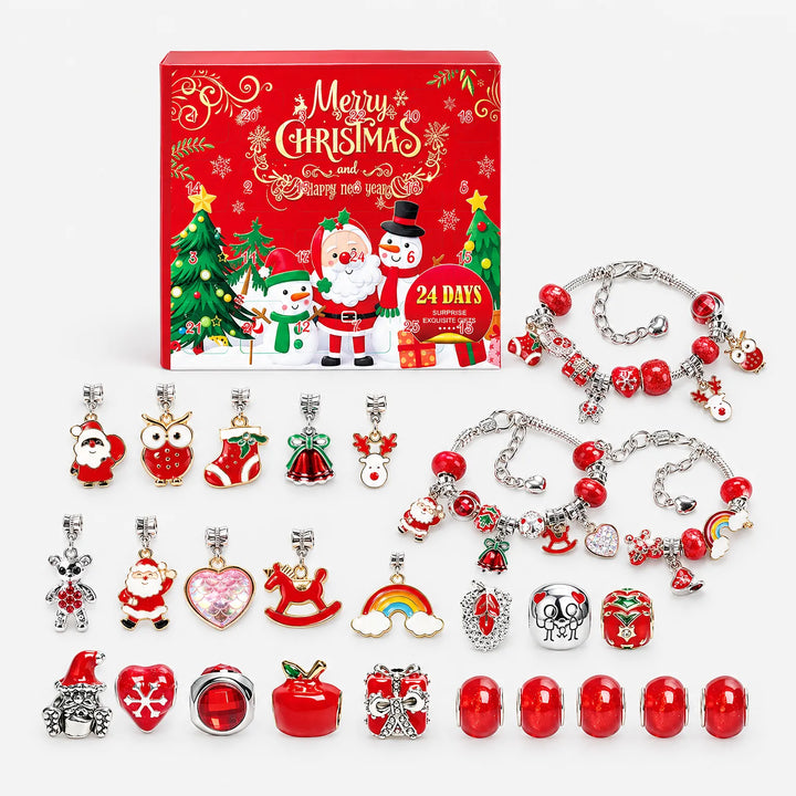 Red-themed set laid out flat: boxed calendar with numbered doors, three assembled red bracelets, and rows of loose red charms and beads. 4
