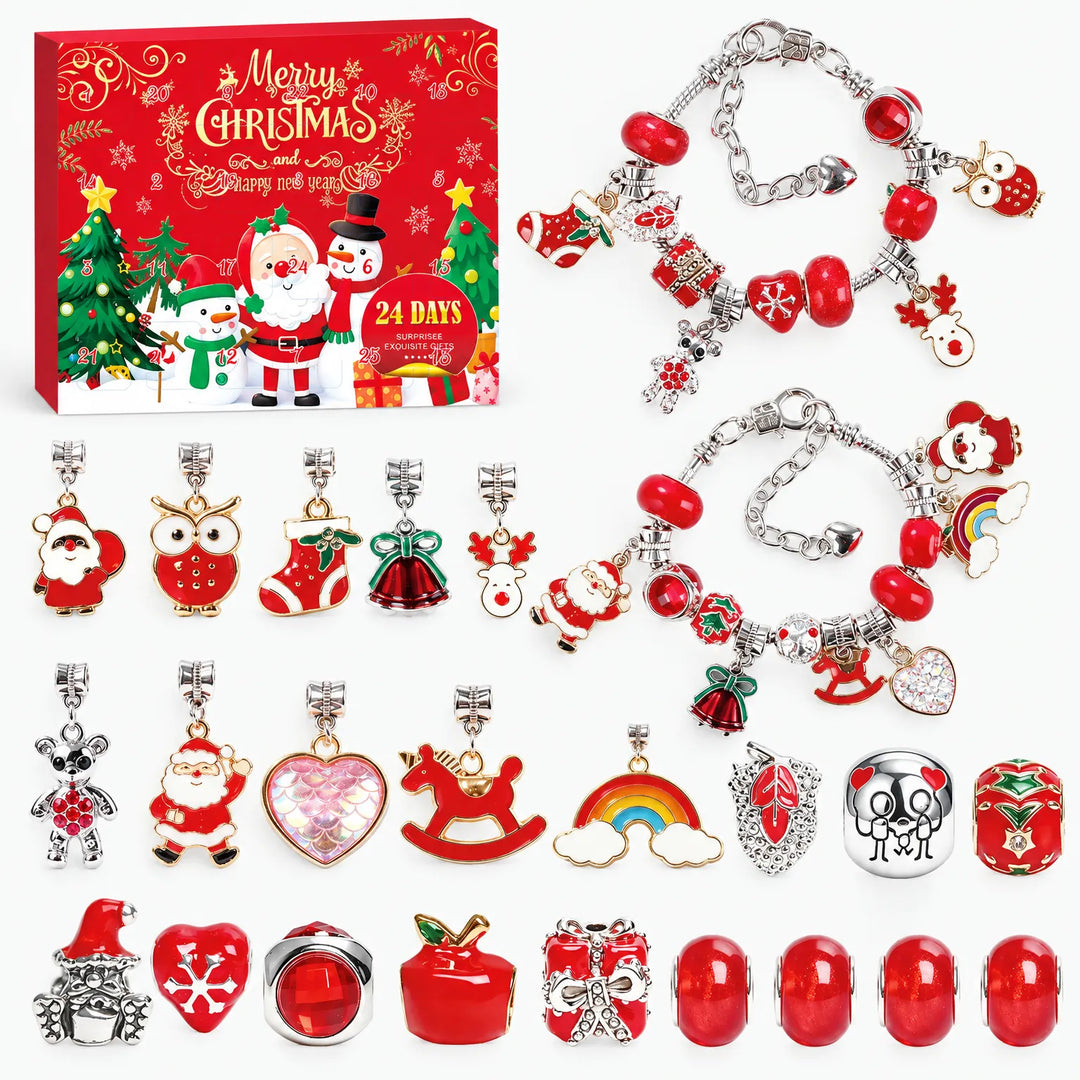 Red version flat lay with the festive box, two assembled red bracelets, and loose Santa, owl, stocking, bell, reindeer and rainbow charms. 5