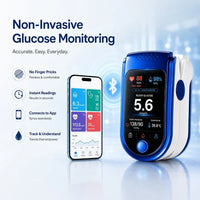 Monitor beside a smartphone showing a health tracking app, with a Bluetooth symbol between them and four benefit icons on the left. 10