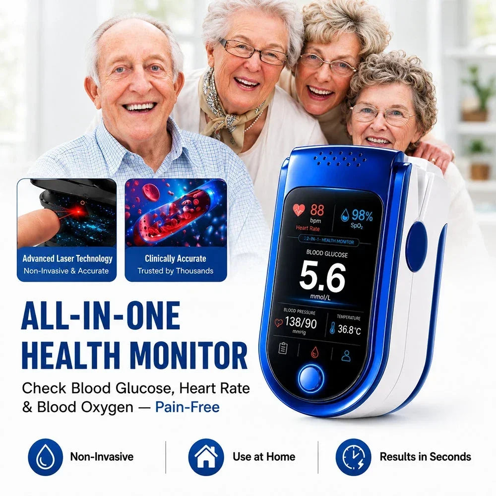 Monitor beside four smiling older adults, with two small inset panels illustrating the sensor and a row of home-use icons below. 2