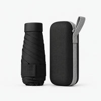 Black folded umbrella with black cap and strap beside a matching black hard zippered case with a light grey wrist loop, on white. 12