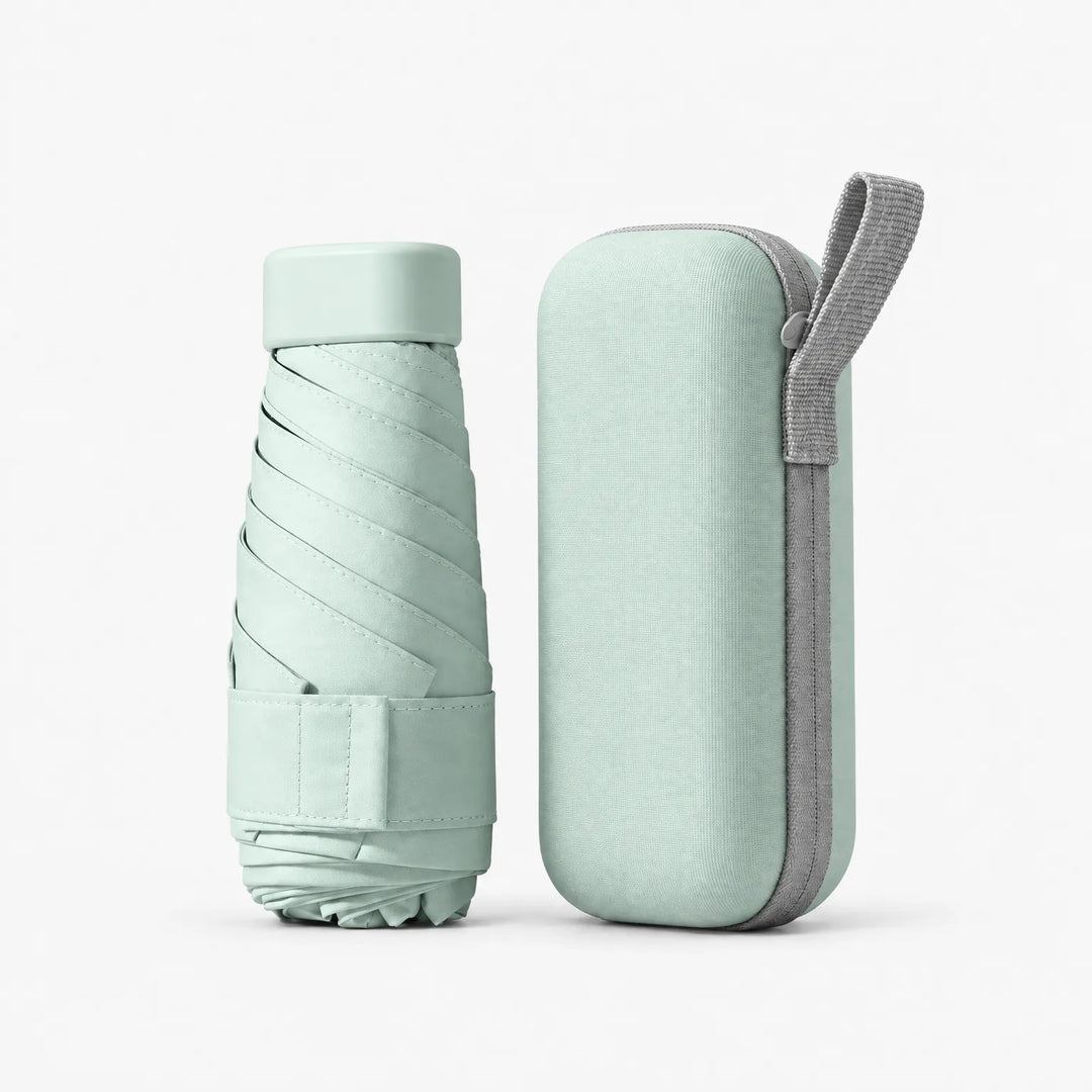 Mint green folded umbrella and matching hard zip case with grey wrist loop, shown at a slightly different angle on white. 8