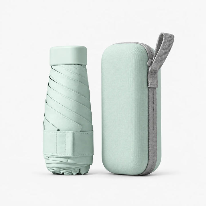 Mint green folded umbrella and matching hard zip case with grey wrist loop, shown at a slightly different angle on white. 8