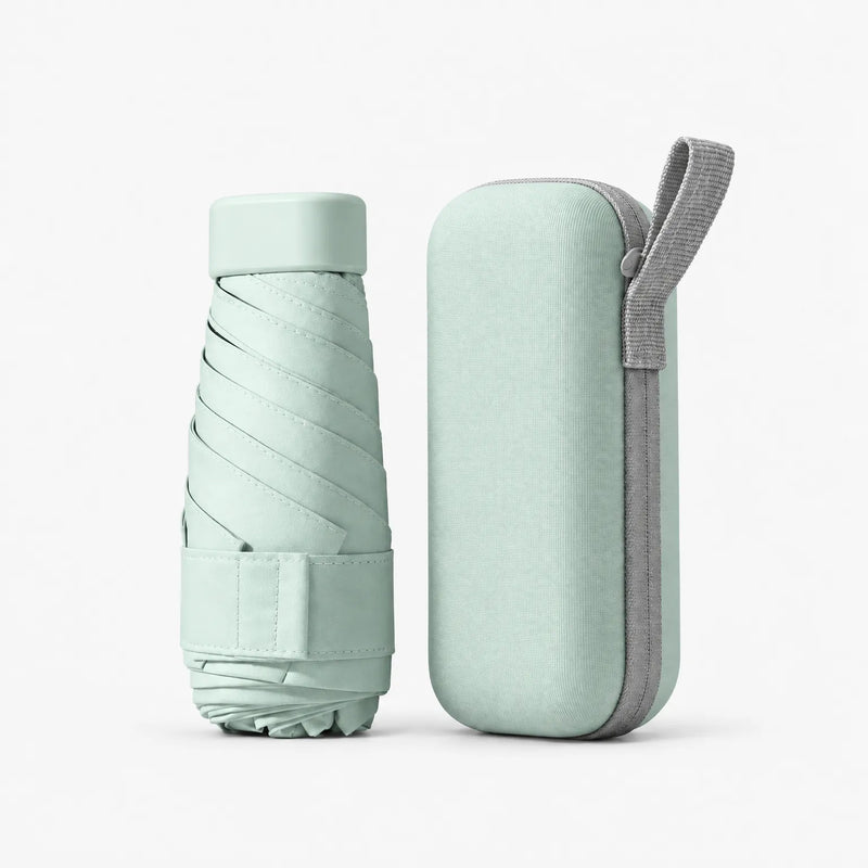 Mint green folded umbrella and matching hard zip case with grey wrist loop, shown at a slightly different angle on white. 8
