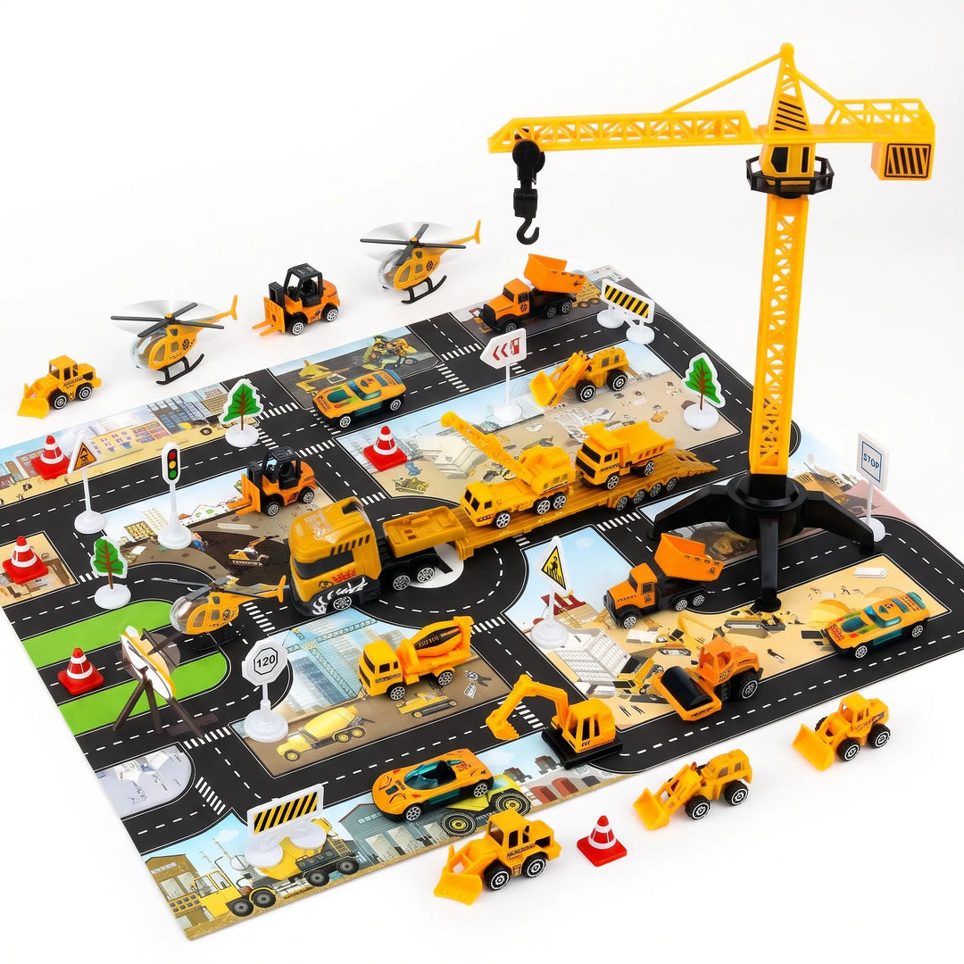 Flat lay of the yellow toy construction vehicles, helicopters, crane, road signs and printed road play mat 2