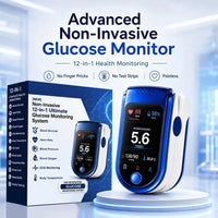 Monitor on a white round stand next to its blue retail box, which lists the monitoring functions, in a bright clinic-style setting. 11