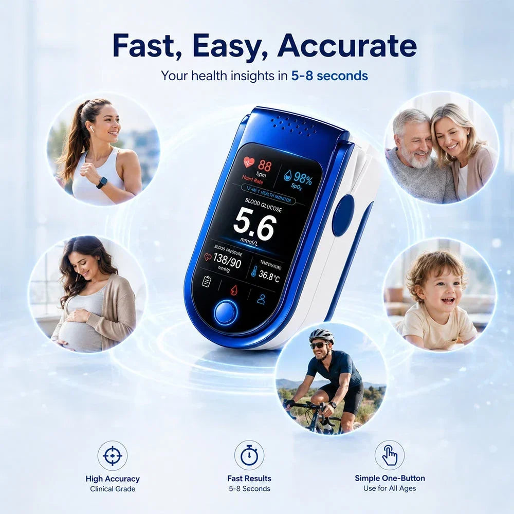 Monitor surrounded by circular inset photos of a runner, an older couple, a pregnant woman, a toddler and a cyclist. 9