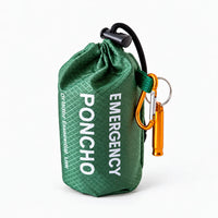 Green drawstring storage pouch for the poncho, with a gold carabiner and whistle attached, on a white background. 6